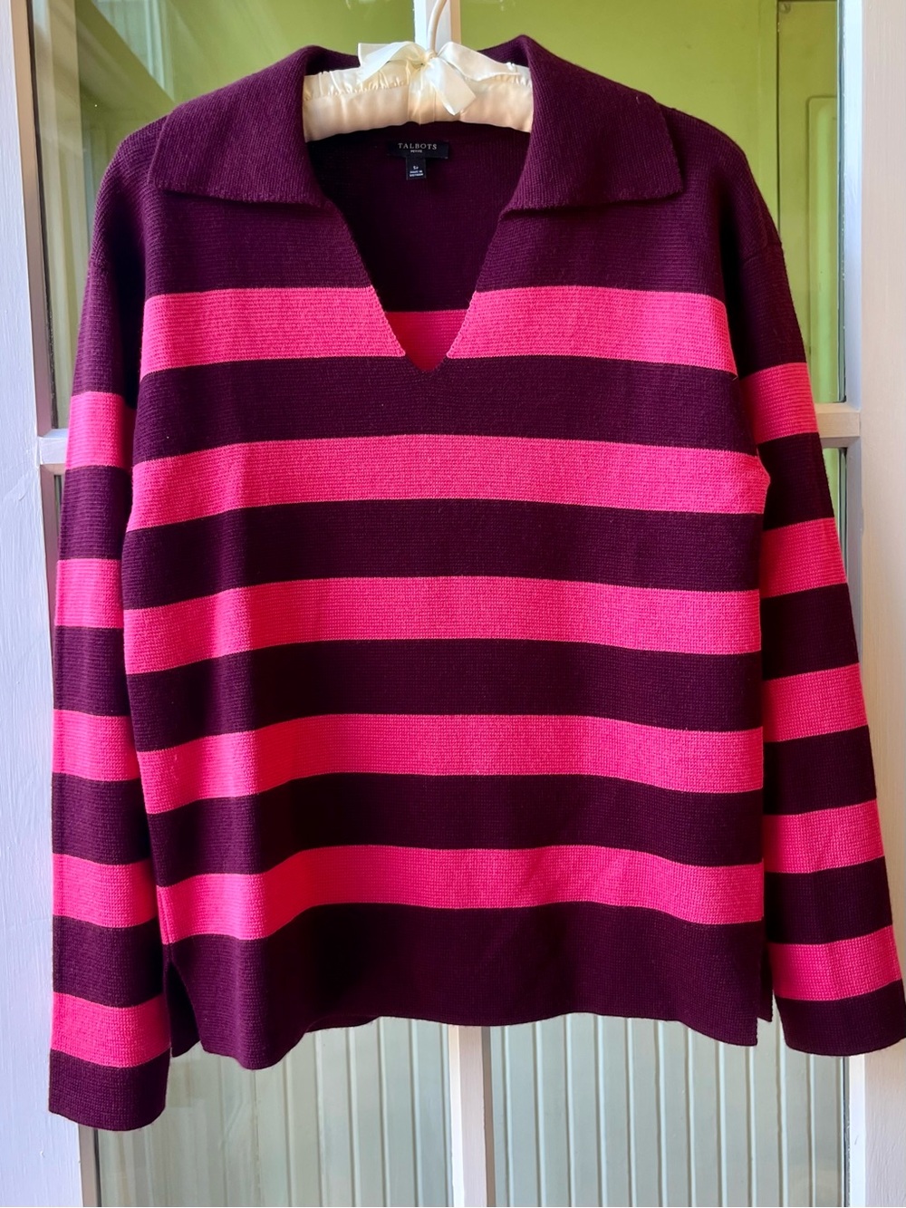 Talbots Striped Knit Polo Collar Sweater in Hot Pink and Deep Plum
